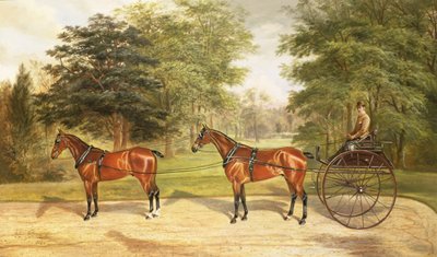 Twee paarden, in tandem aangespannen, trekken een koets, 1883 door Benjamin Cam Norton
